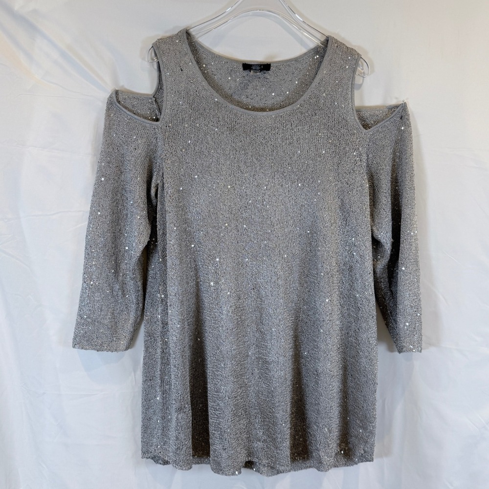 Alfani Woman 1X Knit Sweater Silver Sequin Cold Shoulder Metallic Plus Size